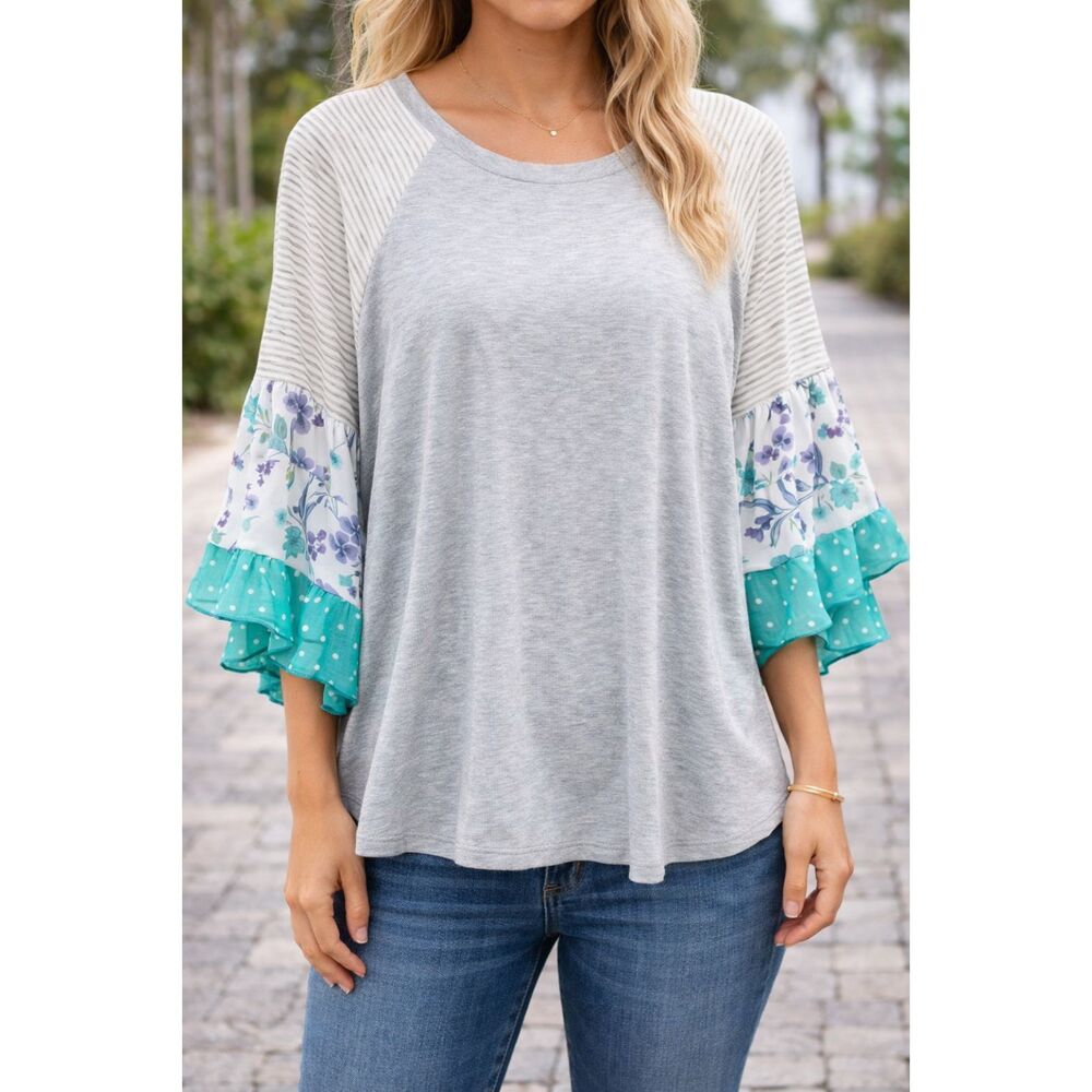 Oddy Polka-dot Floral Raglan Sleeve Top Gray S